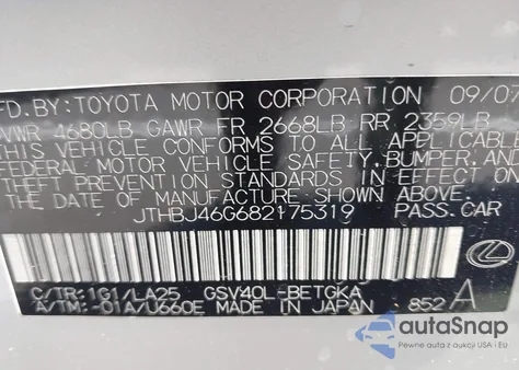 2008 Lexus Es 350 z USA, uszkodzony, nr VIN JTHBJ46G682175319